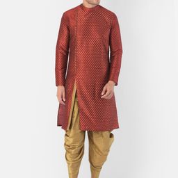 DEYANN Men Red & Gold-Toned Woven Design Kurta with Dhoti Pants-picture-14