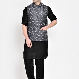 Hangup Men Grey & Black Solid Kurta with Salwar & Nehru Jacket-image-40