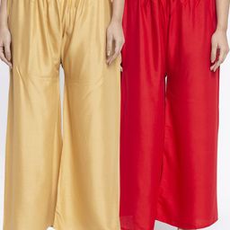 GRACIT Women Red & Gold-Toned Solid Flared Palazzos-picture-5