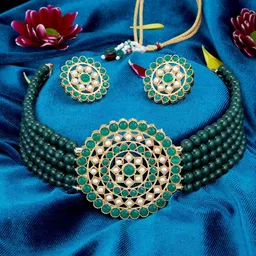 Sukkhi Gold-Plated Green & White Pearl-Studded Beaded Sustainable Jewellery Set-picture-4