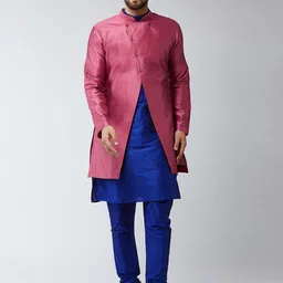 SOJANYA Men Blue & Pink Self-Design Sherwani Set-48