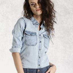 Roadster Blue Washed Denim Casual Shirt-image-33