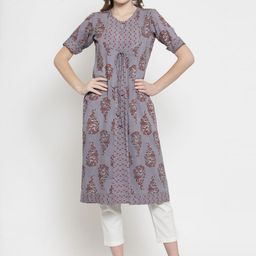 Indibelle Women Grey & Red Printed Straight Kurta-56