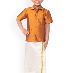 Thangamagan Boys Mustard Yellow Solid Shirt with Off-White Veshti-picture-12