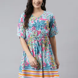 vibes by deebaco DEEBACO Turquoise Blue & Pink Tropical Print Dress-picture-10