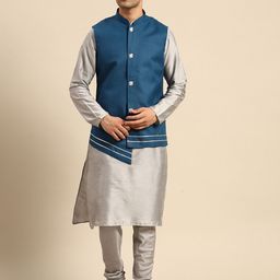 KISAH Men Navy Blue Gotta Patti Kurta Jacket Set with Churidar-picture-53
