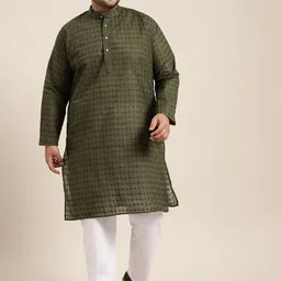 SOJANYA PLUS Size Men Olive Green Embroidered Chikankari Pure Cotton Kurta with Pyjama-31