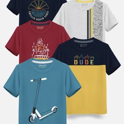 HELLCAT Boys Pack Of 5 Graphic Printed Cotton T-shirt-19