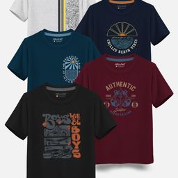 HELLCAT Pack Of 5 Boys Typography Printed Cotton T-shirt-image-1