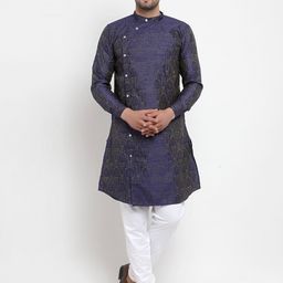 KLOTTHE Men Blue & White Woven Design Kurta with Churidar Pyjamas-image-98