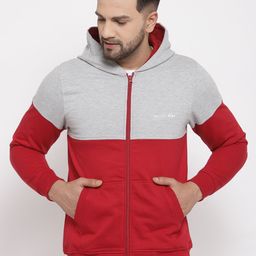 Kalt Men Red & Grey Colourblocked Fleece Sporty Jacket-37