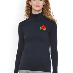 Hypernation Women Navy Blue Solid Turtle Neck Pure Cotton T-shirt-48