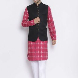 Hangup Men Pink Pure Cotton Kurta with Trousers & Nehru Jacket-picture-26