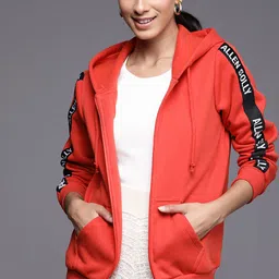 Allen Solly Woman Red Solid Hooded Front Open Sweatshirt-17