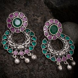 Sukkhi Pink & Green Oxidized Rhodium-Plated Studded Classic Drop Earrings-image-57