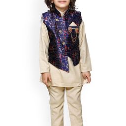 Aj DEZInES Boys Beige & Navy Blue Printed Kurta with Pyjamas & Nehru Jacket-picture-52