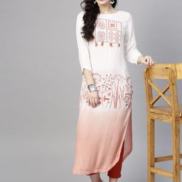 Pannkh Women White & Coral Pink Dyed Straight Kurta-picture-10