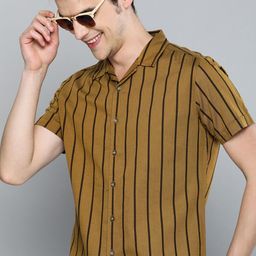 HERE&NOW Men Mustard Brown Slim Fit Striped Casual Shirt-image-54