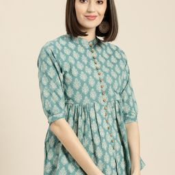 Shae by SASSAFRAS Women Teal Blue & Off-White Printed A-Line Pure Cotton Top-picture-37