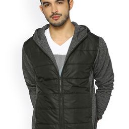 Campus Sutra Men Charcoal Grey Hooded Solid Quilted Jacket-image-41