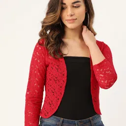 Rute Women Red Self-Design Open Front Crop Lace Shrug-17