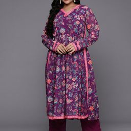 A PLUS BY AHALYAA Plus Size Floral Printed High Slit Kurta with Trousers-38