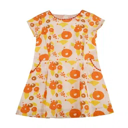 My Little Lambs Girls Orange & Off-White Orange Print Fit and Flare Dress-picture-2