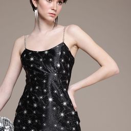 bebe Embellished Printed Satin Sheath Dress-image-80