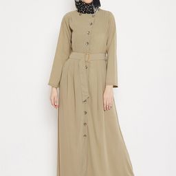 MOMIN LIBAS Women Beige Solid Front Open Abaya Burqa with Belt-image-76