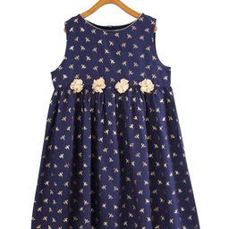 Miyo Girls Navy Blue Printed Empire Dress-image-2
