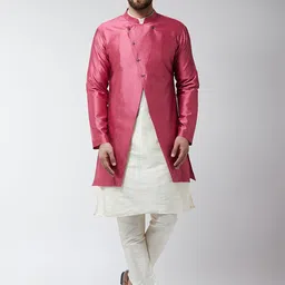 SOJANYA Men Off White & Pink Self-Design Sherwani Set-32