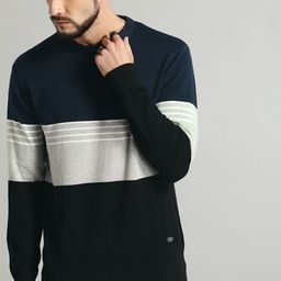 Roadster Men Navy Blue & Grey Colourblocked Pullover-image-4