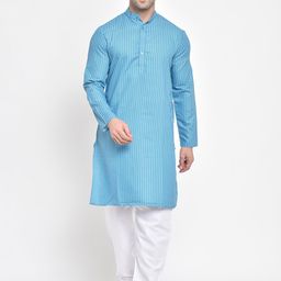 Hangup Men Blue Striped Kurta with Pyjamas-image-50