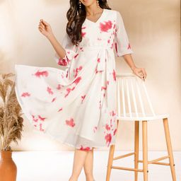 Janasya Tie & Dye V-Neck Georgette Fit & Flare Dress-image-60