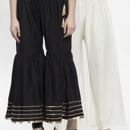 TAG 7 Women Pack of 2 Black & Off-White Solid Flared Palazzos-image-8