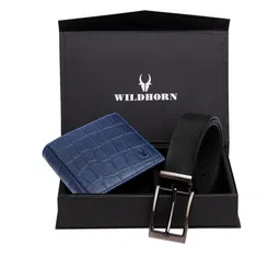 WildHorn Men Blue & Black RFID Protected Genuine Leather Accessory Gift Set-image-130