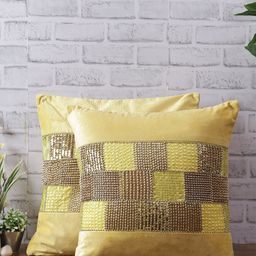 eyda Set Of 2 Yellow & Brown Embellished Velvet Square Cushion Covers-11