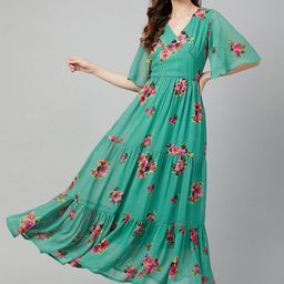 RARE Women Green & Red Floral Printed Maxi Dress With Flared Sleeves-picture-18