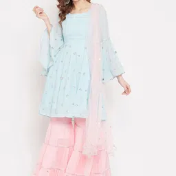 PANIT Women Blue & Pink Floral Embroidered Tiered Kurta with Sharara & With Dupatta-image-84