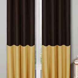 Story@home Brown & Beige Set of 2 Faux Silk Set of 2 Colourblocked Blackout Door Curtains-4