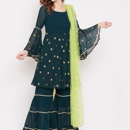 PANIT Women Teal Ethnic Motifs Printed Gotta Patti Kurta with Sharara & Dupatta-picture-8