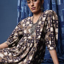 Taavi Printed V-Neck Puff Sleeves Pure Cotton Indigo Ethnic Dress-image-12