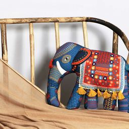 Chumbak Blue & Orange Printed The Royal Ride Kutch Elephant Shape Cotton Cushion-image-65