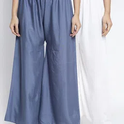 GRACIT Women White & Blue Set of 2 Solid Flared Palazzos-image-37