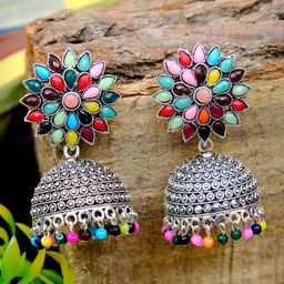 Crunchy Fashion Multi Coloured Oxidised Silver-Plated Stone Studded & Beaded Jhumkas-35