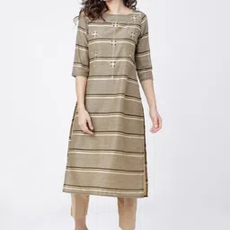 Vishudh Women Beige Striped Thread Work Kurta-image-64