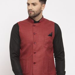 KLOTTHE Men Maroon Solid Cotton Nehru Jacket-19