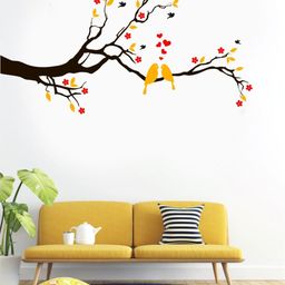 Rawpockets Dark Brown Yellow And Red Flower and Love Birds Wall Stickers-10