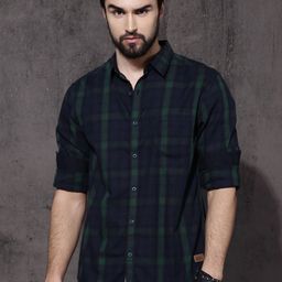 Roadster Men Navy Blue & Green Checked Casual Sustainable Shirt-image-74