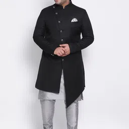 Hangup Men Plus Size Black & Grey Solid Sherwani-image-56